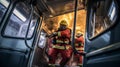 Firefighters control shuttle bus fire with powerful hoses.AI Generated