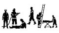 Firefighters in various emergency response situations in black silhouette Royalty Free Stock Photo