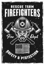 Firefighters vintage black poster with fireman head in helmet and crossed axes vector illustration. Layered, separate