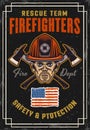 Firefighters vintage colored poster with fireman head in helmet and crossed axes vector illustration. Layered, separate