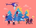 Firefighters and Volunteer Characters Fighting with Huge Fire in Forest with Burning Trees. Helicopter Royalty Free Stock Photo