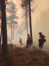 Firefighters walk by the forest covered with thick smoke. Professionals are ready to put out a fire in nature. Generative AI