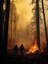 Firefighters walk through forest fire