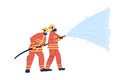 Firefighters with water hose semi flat color vector characters