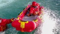 Firefighters in water rescue drill, using canoe and special suits Royalty Free Stock Photo