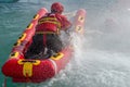 Firefighters in water rescue drill, using canoe and special suits. Aerial view from drone Royalty Free Stock Photo