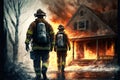 firefighters who arrived at fire pour water burning house Royalty Free Stock Photo