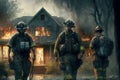 firefighters who arrived at fire pour water burning house Royalty Free Stock Photo