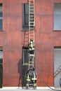 Firefighters on the wooden ladder during firefighting in the fir Royalty Free Stock Photo