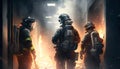 Firefighters work on fire, firemen walk in building on flame background, generative AI