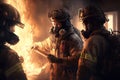 Firefighters work on fire, firemen walk in building on flame background, generative AI