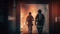 Firefighters work on fire. firemen walk in building. Generative AI