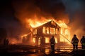 Firefighters work together to extinguish a blazing house