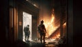 Firefighters works on fire, fireman walks inside burning building, illustration, generative AI