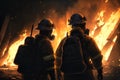 Firefighters works on fire, silhouette of firemen on flame background, generative AI