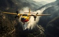 Firefighting aircraft dropping water and extinguishing agents over a wildfire