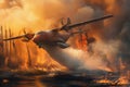 A firefighting aircraft skims over a forest ablaze, dropping water to aid the ground crew below in a desperate effort to quell the