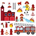 Firefighting characters, hose, fire station, fire engine, fire alarm, extinguisher, axe, and hydrant.