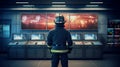 Firefighting Command Center - Fire Officer Leading Firefighters in Front of Multiple Screens, Generative AI