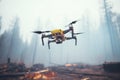 firefighting drone surveying a large wildfire from above