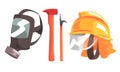 Firefighting Equipment Set, Fireman Mask, Helmet, Axe and Scrap Vector Illustration