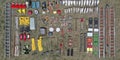 Firefighting equipment unpacked from above photographed with a drone. tetris challenge.