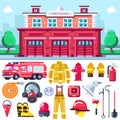 Firefighting equipment vector icons. City fire station illustration. Extinguisher, alarm system, firemans uniform, car