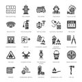 Firefighting, fire safety equipment flat glyph icons. Firefighter car, extinguisher, smoke detector, house, danger signs Royalty Free Stock Photo