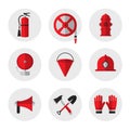 Firefighting and fire safety equipment flat icons. Fire extinguisher, hose reel, hydrant, ringing alarm bell, metal fire bucket Royalty Free Stock Photo