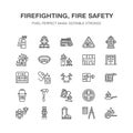 Firefighting, fire safety equipment flat line icons. Firefighter car, extinguisher, smoke detector, house, danger signs Royalty Free Stock Photo