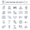 Firefighting, fire safety equipment flat line icons. Firefighter, fire engine extinguisher, smoke detector, house