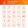Firefighting, fire safety equipment flat line icons. Firefighter, fire engine, extinguisher, smoke detector, house Royalty Free Stock Photo