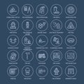 Firefighting, fire safety equipment flat line icons. Firefighter, fire engine extinguisher, smoke detector, house Royalty Free Stock Photo