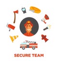 Firefighting and fire secure team poster of firefighter extinguishing equipment vector flat icons