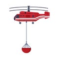 Firefighting Helicopter Carrying Bucket full of Water, Emergency Service Vehicle Flat Style Vector Illustration on White