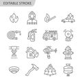 Firefighting line vector icon set. Fire department symbol with fire, fire hose, firefighter, extinguisher, fire engine, sprinkler Royalty Free Stock Photo