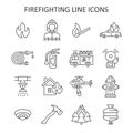 Firefighting line vector icon set. Fire department symbol with fire, fire hose, firefighter, extinguisher, fire engine, sprinkler Royalty Free Stock Photo