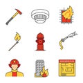 Firefighting color icons set