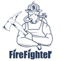 Firefighting logo. The fireman`s head in a mask. Fire department label.