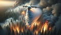 A firefighting plane extinguishes a burning forest.