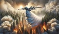 A firefighting plane extinguishes a burning forest.