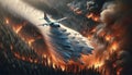 A firefighting plane extinguishes a burning forest.