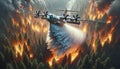 A firefighting plane extinguishes a burning forest.