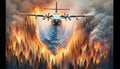 A firefighting plane extinguishes a burning forest.