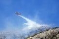 Firefighting plane extinguishes a fire on the hillside . Greece. Royalty Free Stock Photo