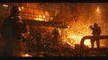 Firefighting team in action at an industrial fire scene