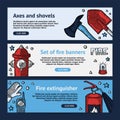 Firefighting Vintage Banner Templates of fireman tools vector illustration. Rescue equipment isolated. Horizontal Design