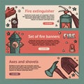 Firefighting Vintage Banner Templates of fireman tools vector illustration. Rescue equipment isolated. Horizontal Design