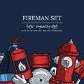 Firefighting Vintage Elements Set of fireman tools vector illustration. Rescue equipment isolated. Design Template with