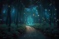 Fireflies along a path in magic forest. Generative AI illustration